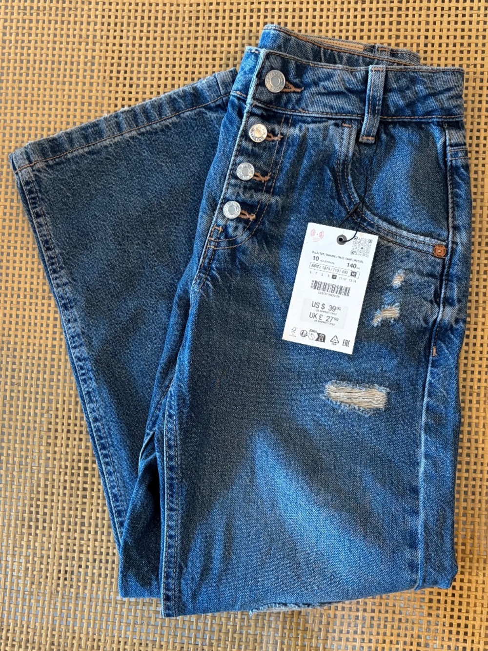 Zara girls low rise straight leg denim jeans exposed button fly NWT SZ 10 - Picture 2 of 2